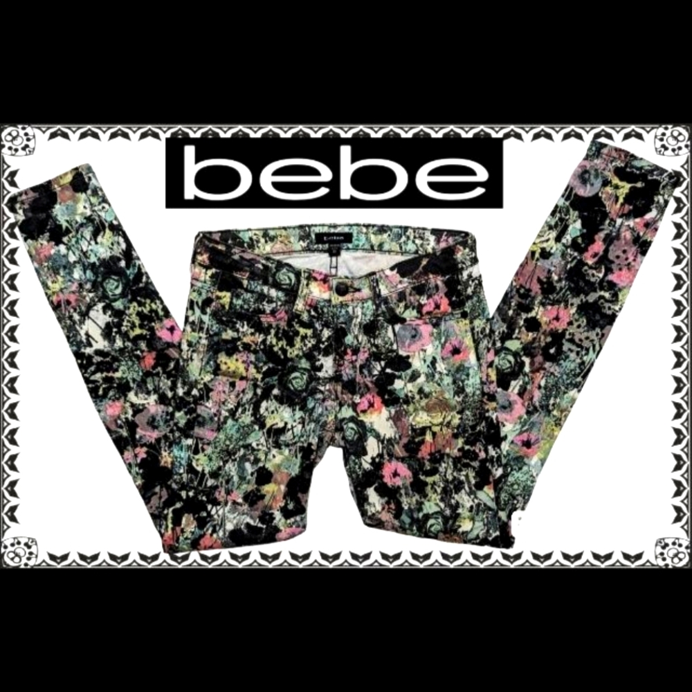 90s Bebe Black Floral Print Skinny Jeans - Picture 1 of 10